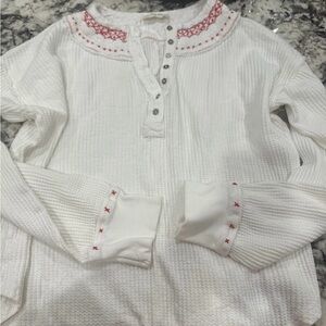 We The Free White Waffle Knit Henley with Red Embroidery